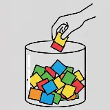 An illustration for the 'Basic' feature, depicting a hand reaching into a transparent glass jar filled with colored square chips (red, yellow, green, blue) to pull one out, representing a lottery-style grouping method.