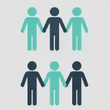 An illustration for the 'Advanced' feature, showing six people icons organized into two groups of three, color-coded with two types (dark grey and light mint green) to convey the concept of a balanced attribute breakdown.