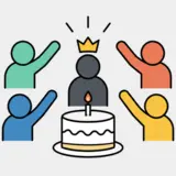 Illustration of a person wearing a crown, celebrated by others around a birthday cake, representing a guest of honor.