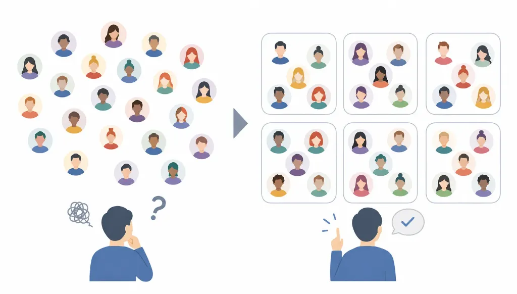 An illustration showing the process of organizing a chaotic crowd of diverse people into several well-balanced groups, resolving the organizer's confusion.