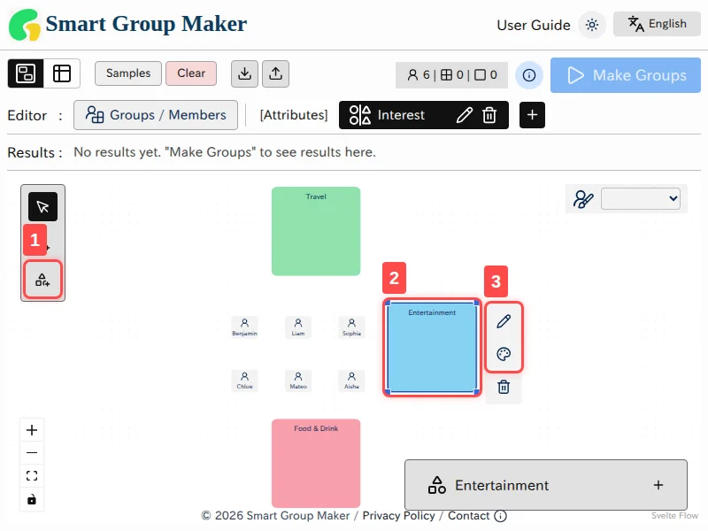 The primary UI used to edit attribute types in Canvas Mode. Callout numbers 1 through 3 are marked, and explanations for each number follow in the section below.