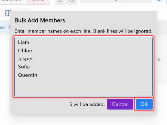 A screenshot of the bulk member addition dialog UI.