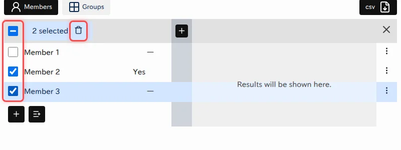 An overview of the UI elements for bulk deleting members in Tabular View.