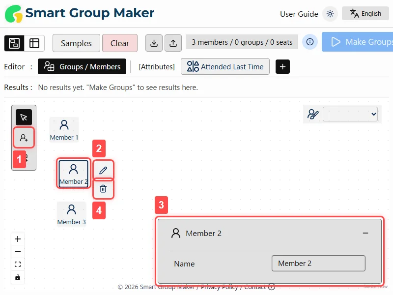 An overview of the primary UI elements for managing members in Canvas View. Annotated numbers 1 through 4 are shown, with detailed explanations for each following in the sections below.