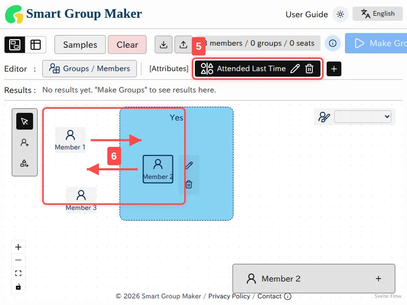 An overview of the primary UI elements for configuring member types in Canvas View. Annotated numbers 5 and 6 are shown, with detailed explanations for each following in the sections below.