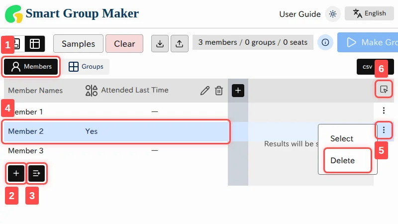 An overview of the primary UI elements for managing members in Tabular View. Annotated numbers 1 through 6 are shown, with detailed explanations for each following in the sections below.