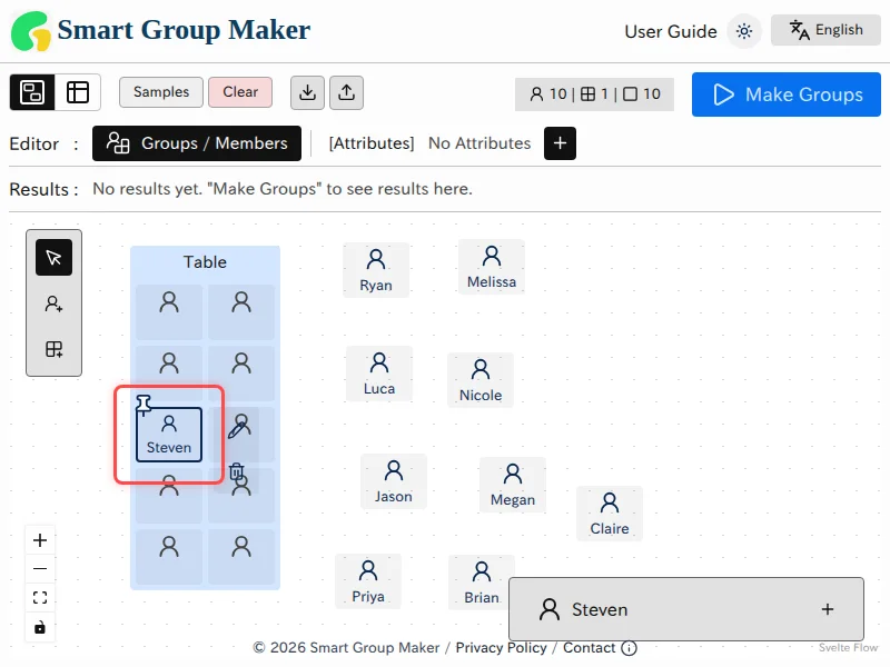 Screenshot showing the state after a member has been fixed in canvas view. A pin icon indicates that the member is fixed to a seat within the group.