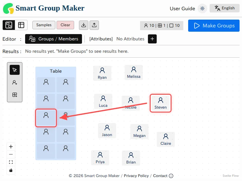Screenshot illustrating how to fix a member in canvas view. An arrow shows the drag direction from a member to a seat within a group.