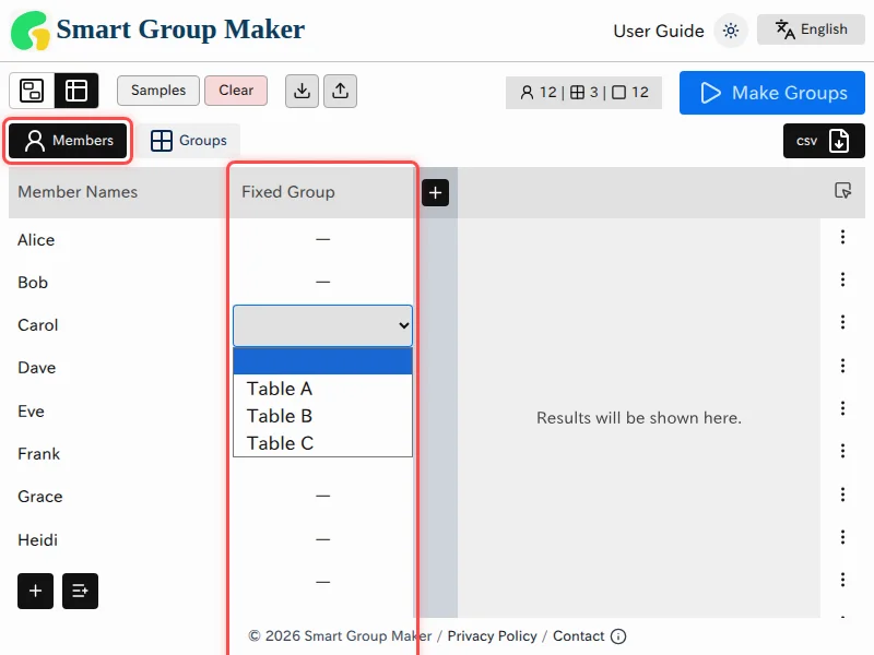 Screenshot illustrating how to fix a member in table view. It shows the location of the column used to select a group in the member table.