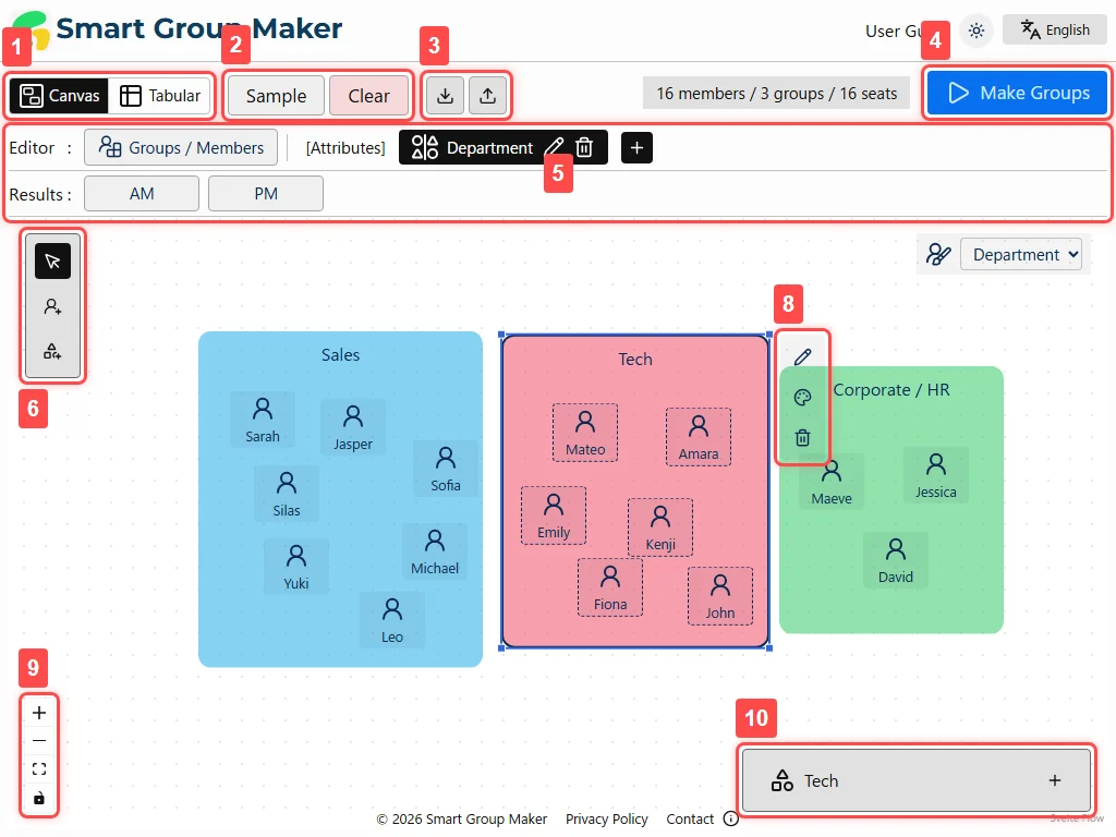 An interface overview of the attribute editing screen in Canvas view, annotated with numbers from 1 to 10 (excluding 7). Detailed descriptions for each number follow in the sections below.