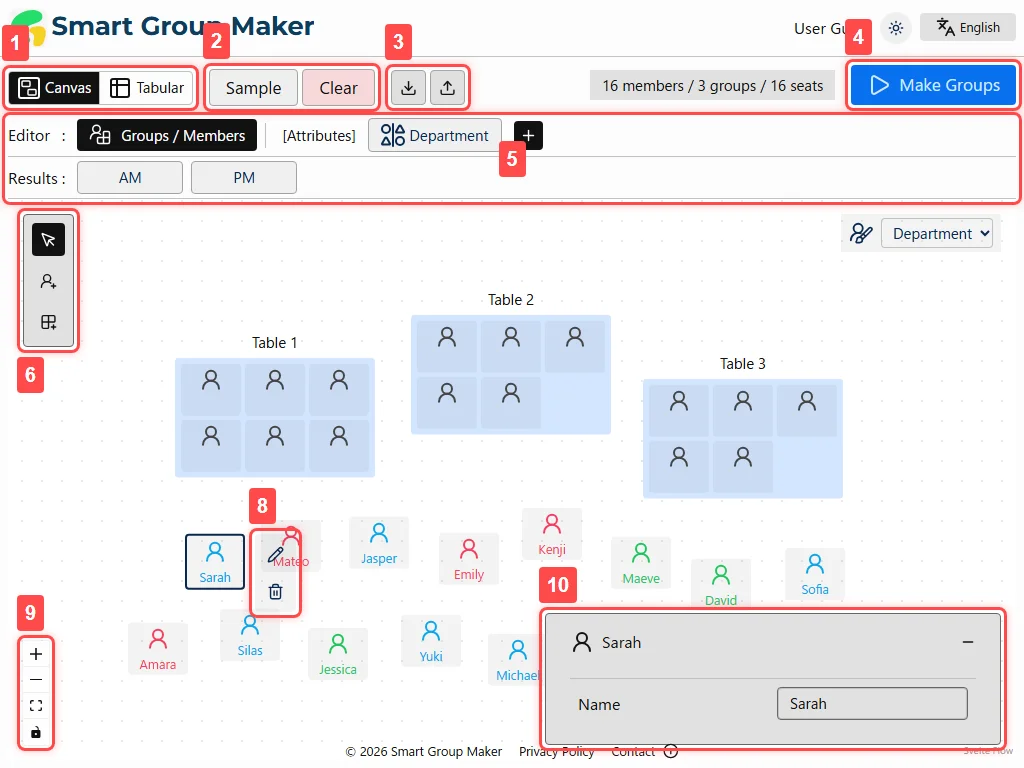 An interface overview of the group and member editing screen in Canvas view, annotated with numbers from 1 to 10 (excluding 7). Detailed descriptions for each number follow in the sections below.