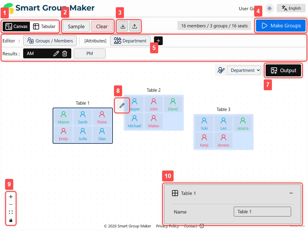 An interface overview of the grouping results screen in Canvas view, annotated with numbers from 1 to 10 (excluding 6). Detailed descriptions for each number follow in the sections below.