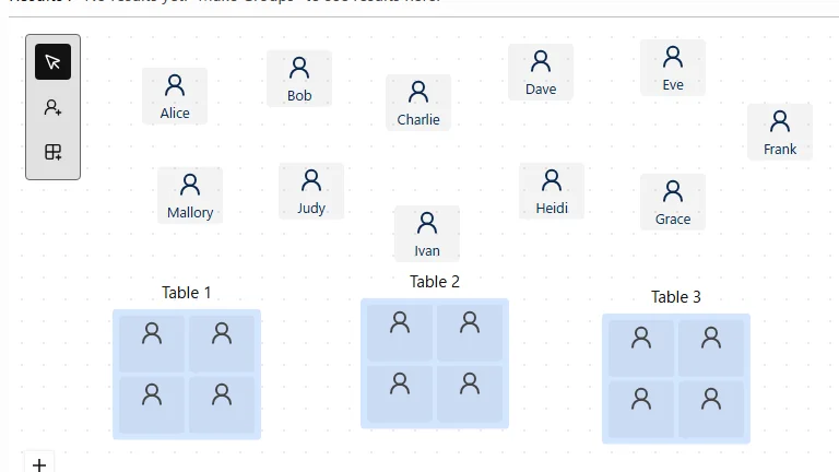 An example of the canvas screen after completing Step 1, 'Editing Members and Groups.' Multiple members and groups are arranged on the canvas.