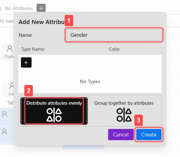 The dialog screen used for Step 3, 'Edit the New Attribute.' (1) An input field for editing the attribute name is at the top of the dialog, (2) buttons to select from the two assignment rules are located in the lower-middle section, and (3) a button to create the attribute with the edited values is positioned in the bottom right.