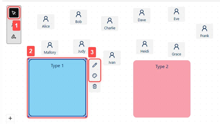 A canvas screen illustrating Step 5, 'Edit Types.' (1) With the select button in the left toolbar active, (2) clicking or tapping a type (3) brings up a context toolbar to the right of the selected type. Buttons to change the type name and color are arranged from top to bottom on the context toolbar.