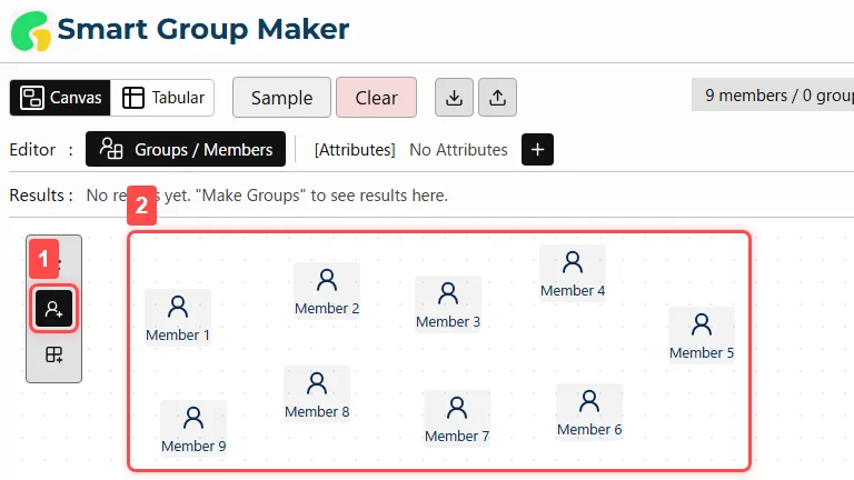 A canvas screen illustrating Step 2, 'Add Members.' (1) The add-member button in the toolbar on the left side of the screen is selected, and (2) members named Member 1 through Member 9 are placed on the canvas.