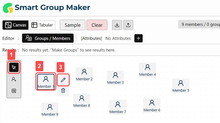 A canvas screen illustrating Step 3, 'Edit Member Names.' (1) With the select button in the left toolbar active, (2) clicking or tapping a member (3) brings up a context toolbar to the right of the selected member. The button to rename the member is positioned at the very top of this context toolbar.