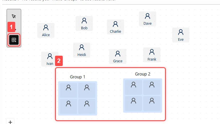 A canvas screen illustrating Step 4, 'Add Groups.' (1) The add-group button in the left toolbar is selected, and (2) groups named Group 1 and Group 2 are placed on the canvas below the members added in Step 2.