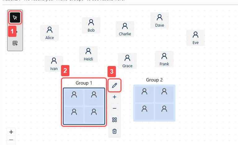 A canvas screen illustrating Step 5, 'Edit Group Names.' (1) With the select button in the left toolbar active, (2) clicking or tapping a group (3) brings up a context toolbar to the right of the selected group. The button to rename the group is located at the very top of the context toolbar.