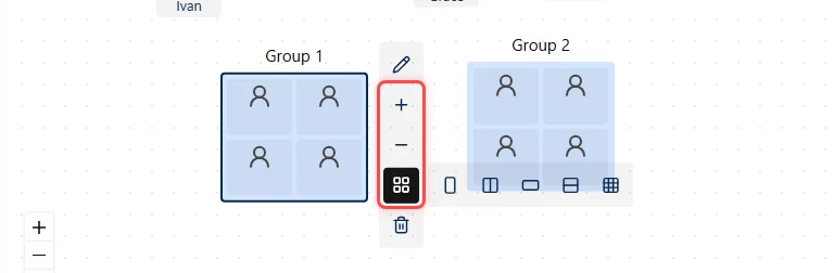 A canvas screen illustrating Step 6, 'Adjust Group Capacity.' A context toolbar displayed to the right of the selected group features buttons for adding one seat, removing one seat, and changing the layout.