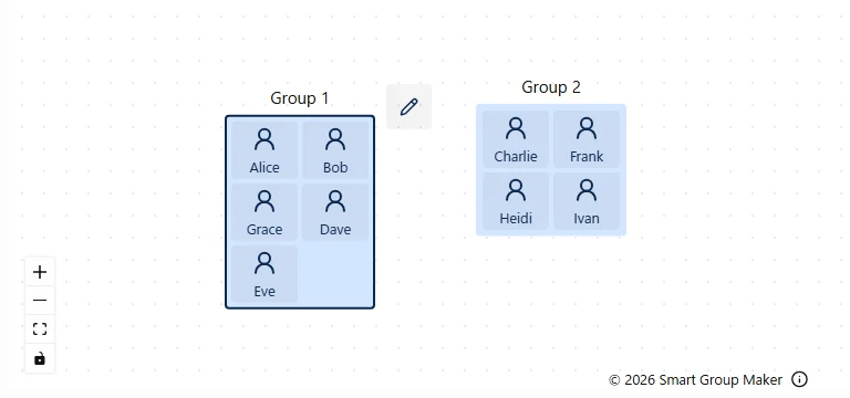 The canvas displaying the execution result of the grouping process, where members are randomly allocated to seats within each group.