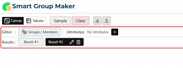 The canvas control panel at the top of the app screen. It features buttons to switch between multiple generated results after re-running the grouping process. A button to return to the editor screen is positioned above the result selection buttons.